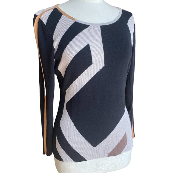 Nic + Zoe Abstract Color Block Geometric Sweater Neutral Avant Garde Art Deco-PL - Picture 1 of 13
